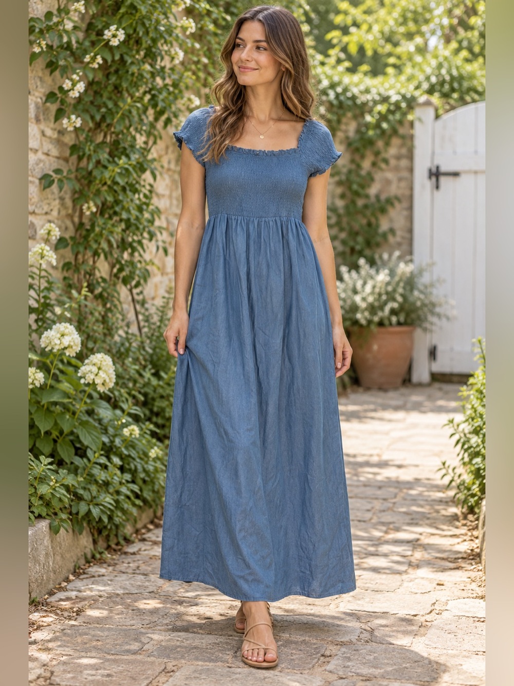 Eesome NWT Blue Smocked Chambray Maxi Dress Size Large Cottagecore